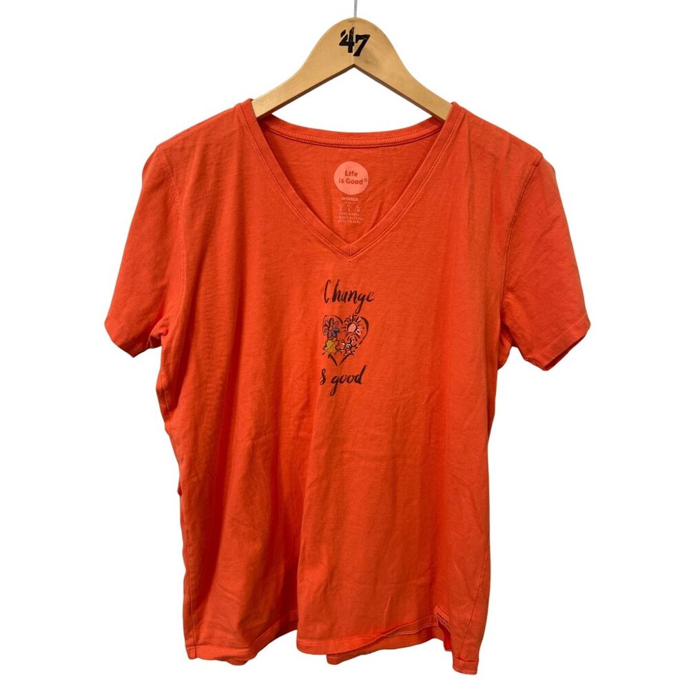 Life Is Good Change Is Good V Neck T Shirt Women L Short Sleeve Orange Essential